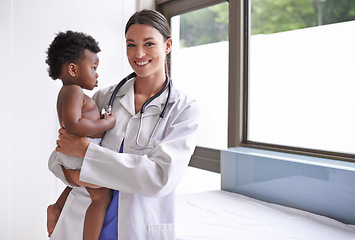 Image showing Healthcare, portrait and baby with woman doctor at hospital for heart, lungs and chest exam. Medical, consultation and lady pediatrician with stethoscope for toddler development, health and heartbeat