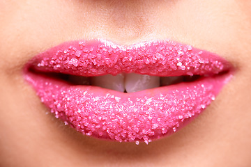 Image showing Woman lips, pink and lipstick with sugar scrub closeup, makeup and beauty with exfoliation sparkle. Bright aesthetic, female model and mouth cosmetics product, cosmetology with cosmetic lip exfoliate