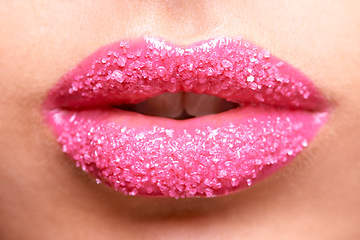 Image showing Woman mouth, pink lipstick and sugar scrub closeup, makeup and beauty with exfoliation and sparkle. Bright aesthetic, female model lips and cosmetics product, cosmetology with cosmetic lip care