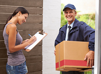 Image showing Smile, delivery and woman signing for a package or using pen from postman for logistics and courier for client. Freight, box and stationery or lady receiving cargo or writing and shipping company