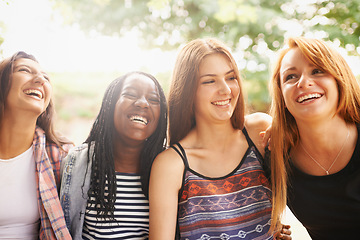 Image showing Girl friends, group and laugh outdoor with diversity in summer on holiday with travel. Female student, sunshine and happiness face of young gen z and teen people together on vacation feeling happy