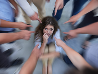 Image showing Fear, pointing blame and woman guilt with social anxiety and worker with teasing and failure. Above, female person and circle with fingers point to scared employee with stress and peer pressure