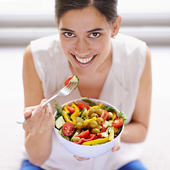 Image showing Happy woman, portrait smile and salad for healthy diet, food or nutrition eating at home. Female vegan with bowl, fork or vegetables smiling in happiness for natural health, lose weight or wellness