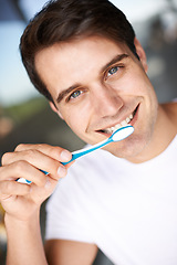 Image showing Brushing teeth, man portrait and cleaning closeup for oral hygiene and health. Smile, dental and toothbrush with a male person face with happiness in the morning at a house with self care and routine