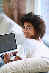 Image showing Portrait, relax and woman on a sofa, laptop and typing for connection, planning and remote work from home. Face, female entrepreneur and happy lady on a couch, technology and happiness with ecommerce