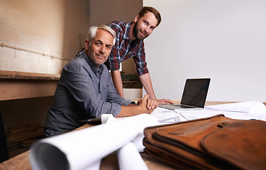 Image showing Architects, teamwork and portrait of men in workshop with blueprint for building construction. Senior engineer, father and son working on design, project and planning of happy apprentice and mentor.