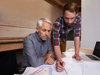 Image showing Architecture, teamwork and men with blueprint in workshop for building construction. Senior engineer, father and son working on design, project and planning of apprentice and mentor with paperwork.