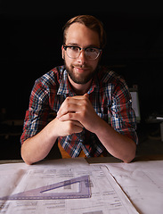 Image showing Man, architect in portrait with blueprint in workshop and professional designer with engineering. Architecture design, floor plan paperwork with designing equipment and creative male engineer