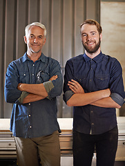 Image showing Family, happy portrait and arms crossed of father and son woodwork team with a smile. Entrepreneur, male generation and carpentry workers with pride and success from small business and confidence