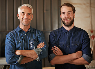 Image showing Carpenter, happy portrait and arms crossed of architecture team with a smile from startup. Entrepreneur, partnership and architect workers together with pride and success from small business