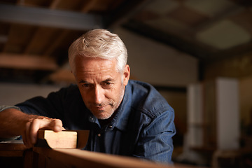 Image showing Wood, maintenance and senior man with a project, renovation or small business with tools. Male entrepreneur, carpentry designer or builder with creativity, manufacturing and development in a workshop