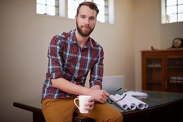 Image showing Portrait, entrepreneur and man in his office, startup success and blueprints with skills, plans and documents. Face, male employee and confident consultant in his workshop, paperwork and architecture