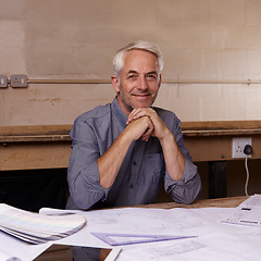 Image showing Man, senior architect smile in portrait and blueprint in workshop, professional designer and engineering. Architecture design, floor plan paperwork with designing equipment and creative male engineer