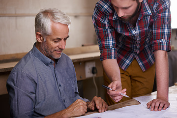 Image showing Architect, teamwork and men with blueprint in workshop for building construction. Senior engineer, father and son working on design, project and planning of apprentice and mentor with paperwork.