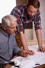 Image showing Architecture men, teamwork and discussion with blueprint, planning and construction for goal in workshop. Senior man, partnership and focus for building, property design and real estate development