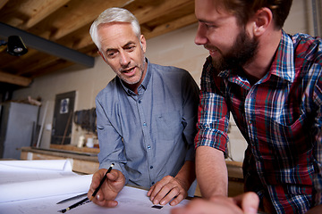 Image showing Architect team, blueprint design in workshop and designer for engineering collaboration. Senior in architecture with male trainee, work on remodeling project with floor plan paperwork and drawing