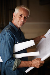 Image showing Senior architect, blueprint and man with drawing, renovation or remodeling project and floor plan design. Architecture industry, engineer and male professional designer in portrait with mission