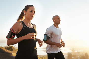 Image showing Wellness, fitness or people running and listening to music in morning workout or exercise for wellness. Sport, man and woman runner with athlete as training for marathon run, sports or energy radio