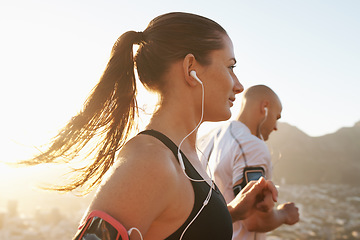 Image showing Streaming, fitness and running couple doing exercise or morning workout for health and wellness together. Sport, man and woman runner run with athlete while training and listening to sports music