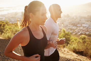 Image showing Sunrise, wellness and friends running as workout or morning exercise for health and fitness together. Sport, man and woman runner run with athlete as training in a city for sports or energy