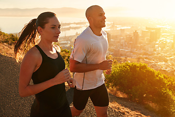 Image showing Sunrise, training and running couple as workout or morning exercise for health and wellness together. Sport, athlete and woman runner run with man as fitness in a city for sports or energy