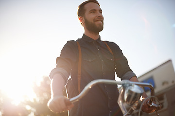 Image showing Travel, bicycle and happy man in road with lens flare for exercise, commute and cycling in morning. Transport, city and male cyclist on bike for eco friendly, carbon footprint traveling and journey