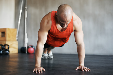 Image showing Fitness workout, muscular and strong man doing push up for exercise, health performance or sports training for bodybuilding. Endurance challenge, determination or exercising person doing floor pushup