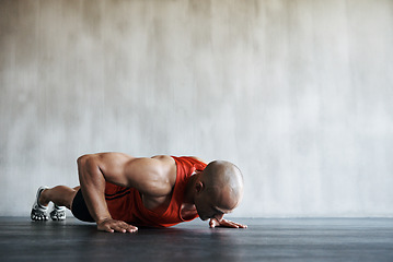 Image showing Fitness workout, mock up and man doing push up for exercise, health motivation or sports training for bodybuilding. Endurance challenge, gym commitment or exercising person doing floor pushup