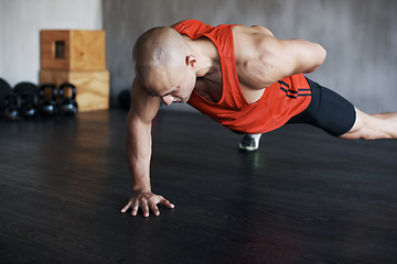 Image showing Training, muscle endurance and strong man doing push up for healthy lifestyle, strength development or health club commitment. One arm pushup, motivation and male athlete workout, fitness or exercise