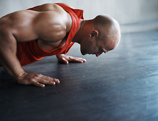 Image showing Strong, muscle and man doing floor push up for sports endurance, determination or body fitness commitment. Bodybuilder profile, health mindset or active person workout, bodybuilding or floor exercise