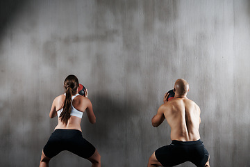 Image showing Training, wall and people throw medicine ball for fitness strength, bodybuilding development or gym exercise challenge. Muscular, mockup and back of strong team doing bodybuilder workout for power