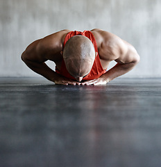 Image showing Workout, endurance and man doing floor push up for strength exercise, health lifestyle or muscle development. Ground mockup, fitness training or strong male athlete training, exercising or practicing