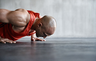 Image showing Fitness, muscle strength and man doing push up for fitness studio exercise, gym commitment or endurance. Health club mockup, bodybuilder goals and male body builder training, exercising or practice