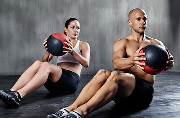 Image showing Medicine ball, health and fitness people doing bodybuilding workout, core muscle strength and gym performance. Exercise commitment, athlete teamwork and strong team exercising for active lifestyle