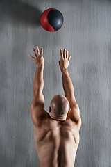 Image showing Fitness, wall and man throw medicine ball strength workout, bodybuilding development or gym exercise challenge. Muscle, strong and back of male sports athlete doing bodybuilder training for power