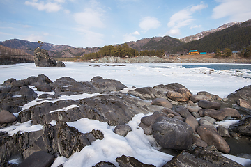 Image showing Fast mountain river Katun at winter