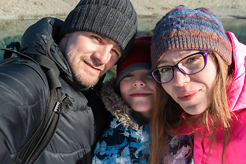 Image showing Family selfie at winter journey.