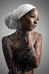 Image showing Headscarf, beauty and double exposure on black woman in studio for culture, mockup and cosmetics. Abstract, art and creative with face of female model isolated on gray background for nature and trees