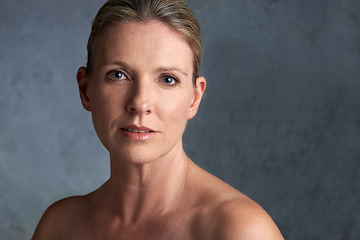 Image showing Mature woman, skincare model and portrait with natural beauty and cosmetic dermatology. Isolated, gray background and female person face with facial treatment and self care with anti aging cosmetics