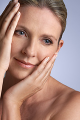 Image showing Thinking, beauty and skin with a mature woman in studio on a gray background for antiaging skincare. Idea, face and natural with an attractive elderly female person looking thoughtful about cosmetics