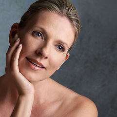 Image showing Mature woman, skincare closeup and face with natural beauty and cosmetic dermatology. Isolated, gray background and female person with facial treatment and self care with anti aging cosmetics