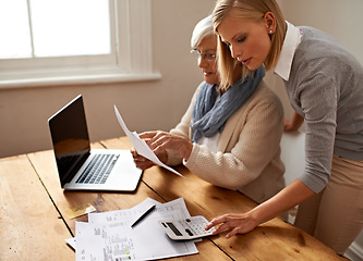 Image showing Calculator, senior mother and daughter helping for taxes or laptop or table for bills and money at home. Retirement, budget and old woman or pension for bookkeeping or family finance and saving