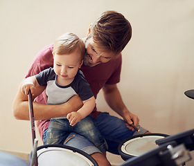 Image showing Dad, baby and drummer teaching for music development and child learning. Home, father happiness and kid instrument together with youth lesson with a smile, love and parent care at a family house