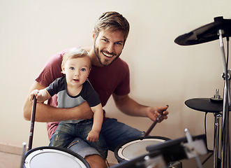 Image showing Cool father, baby portrait and drummer musician with music development and child learning. Home, happiness and kid with youth drumming lesson with a smile, love and parent care at a family house