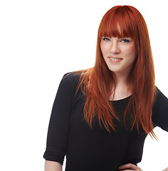 Image showing Young woman, portrait and natural beauty with happiness and model in studio. White background, confidence and female person with happy face and mockup with ginger hair treatment and proud smile