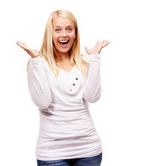 Image showing Excited, portrait and woman shock with good news announcement and surprise in a studio. Casual fashion, female person face and model with happiness and smile feeling wow and stylish with mockup