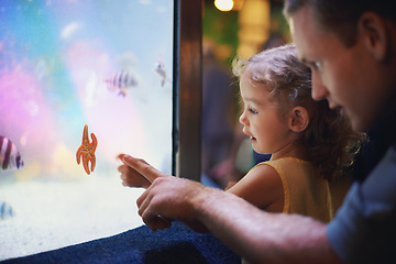 Image showing Father, aquarium and girl pointing at fish for learning, curiosity and knowledge, education and bonding. Dad, oceanarium and child with parent watching marine life underwater in fishtank on vacation.