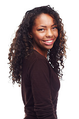 Image showing African teen, happy girl and portrait with confidence in studio with casual fashion and beauty. White background, young face and female person with teenager and gen z style with pride and smile