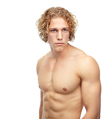 Image showing Muscle, mockup and man with beauty, thinking and confident model isolated against white studio background. Sexy, male person and guy with fitness, shirtless and bodybuilder with thoughts and strength