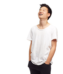 Image showing Laughing, happy teenager and Asian male person in studio hearing funny joke with mockup. White background, laugh and happiness of a teenager with casual style and gen z fashion with youth and smile